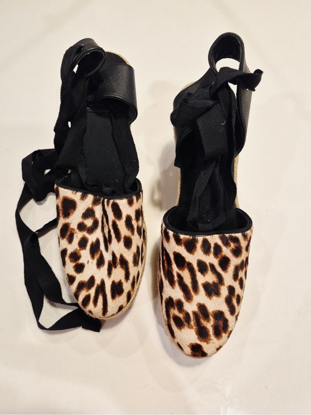 Tory Burch Leopard Espadrille Tie-Up Flats - Black and Brown size 10